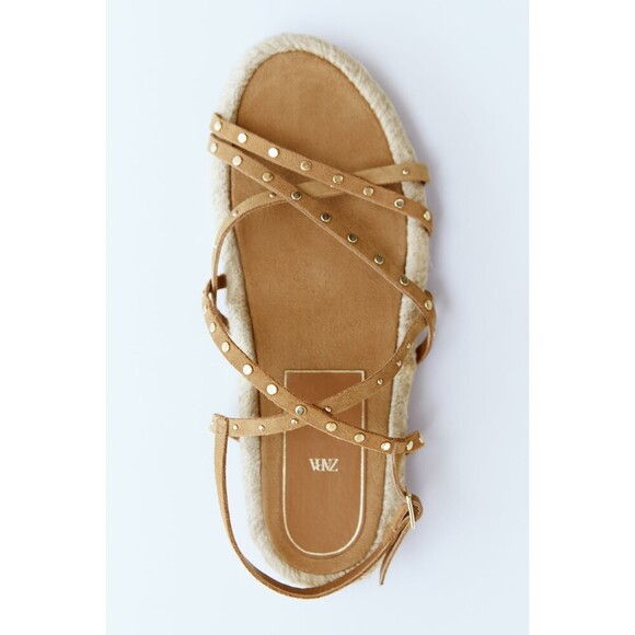 Brown Zara Suede Stud Embellished Straps Gladiator Espadrille Sandals (NWT) - Picture 4 of 9